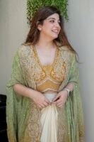 Women’s Designer 3-Piece Draped Skirt Set with Tube Blouse & Embroidered Shrug