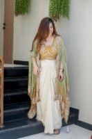 Women’s Designer 3-Piece Draped Skirt Set with Tube Blouse & Embroidered Shrug
