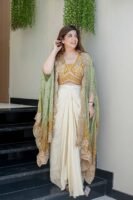 Women’s Designer 3-Piece Draped Skirt Set with Tube Blouse & Embroidered Shrug