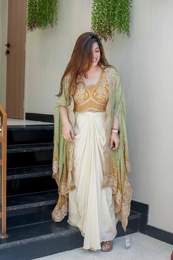 Women’s Designer 3-Piece Draped Skirt Set with Tube Blouse & Embroidered Shrug