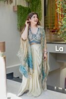 Women’s Designer 3-Piece Draped Skirt Set with Embroidered Shrug