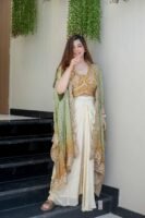 Women’s Designer 3-Piece Draped Skirt Set with Tube Blouse & Embroidered Shrug