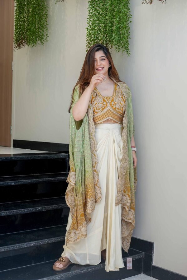 Women’s Designer 3-Piece Draped Skirt Set with Tube Blouse & Embroidered Shrug