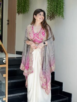 Women Designer 3-Piece Draped Skirt Set with Embroidered Shrug