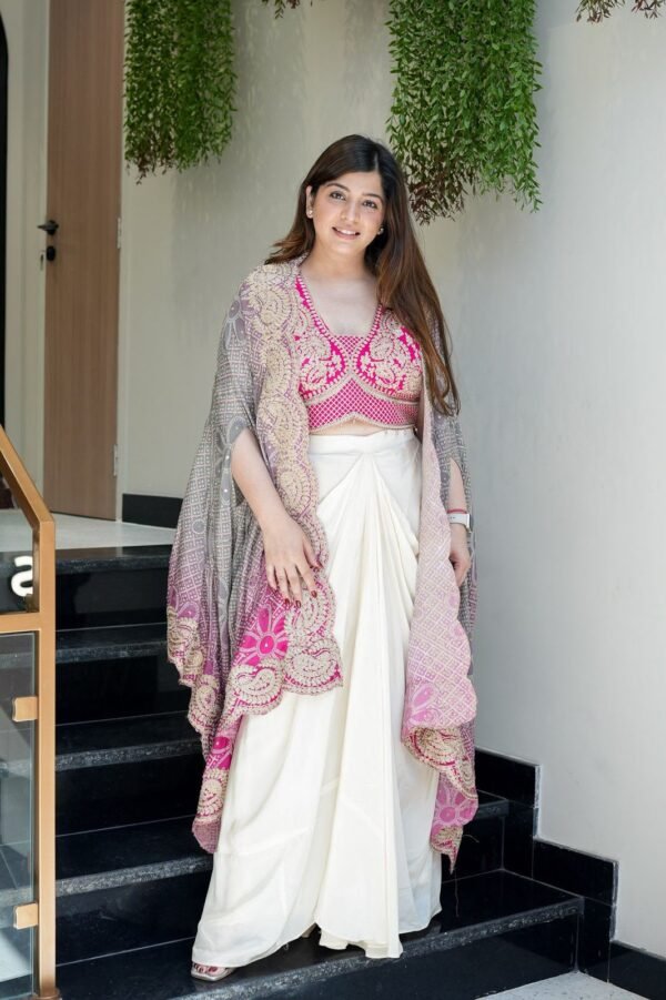 Women Designer 3-Piece Draped Skirt Set with Embroidered Shrug