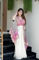 Women Designer 3-Piece Draped Skirt Set with Embroidered Shrug