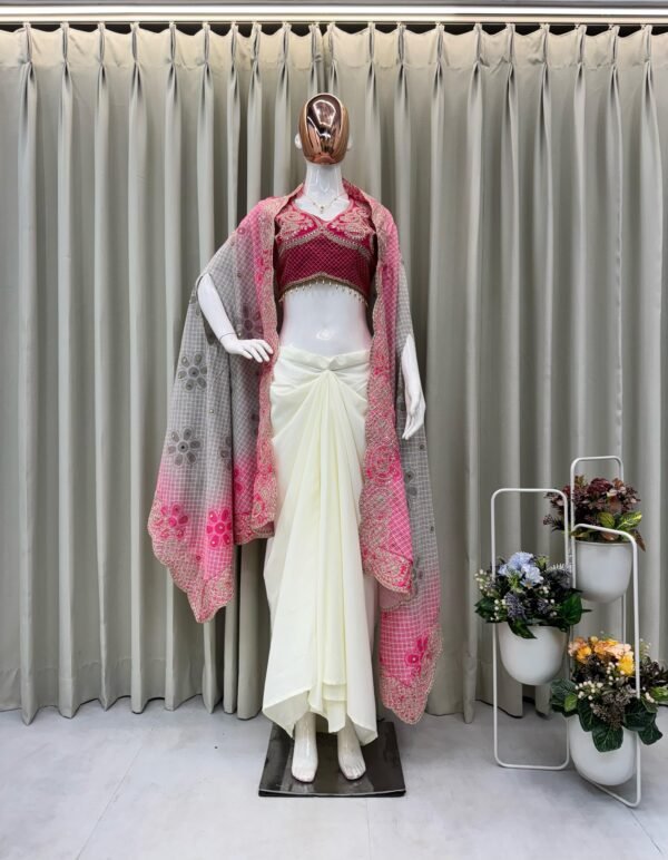 Women Designer 3-Piece Draped Skirt Set with Embroidered Shrug