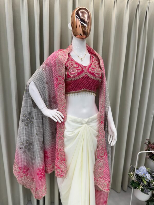 Women Designer 3-Piece Draped Skirt Set with Embroidered Shrug
