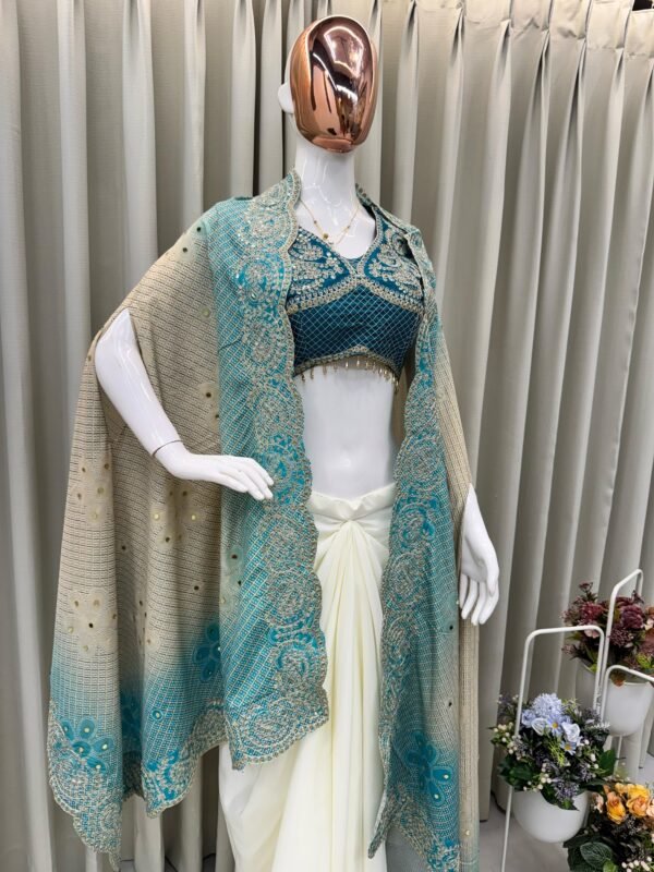 Women’s Designer 3-Piece Draped Skirt Set with Embroidered Shrug