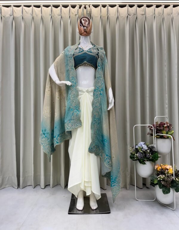 Women’s Designer 3-Piece Draped Skirt Set with Embroidered Shrug