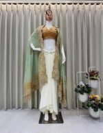 Women’s Designer 3-Piece Draped Skirt Set with Tube Blouse & Embroidered Shrug