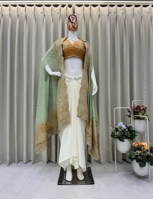 Women’s Designer 3-Piece Draped Skirt Set with Tube Blouse & Embroidered Shrug