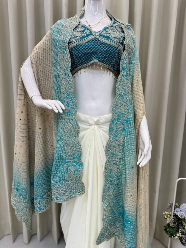 Women’s Designer 3-Piece Draped Skirt Set with Embroidered Shrug
