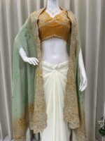 Women’s Designer 3-Piece Draped Skirt Set with Tube Blouse & Embroidered Shrug