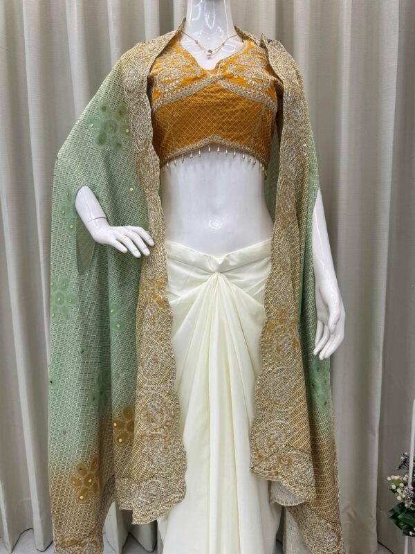 Women’s Designer 3-Piece Draped Skirt Set with Tube Blouse & Embroidered Shrug