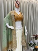 Women’s Designer 3-Piece Draped Skirt Set with Tube Blouse & Embroidered Shrug