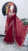 Faux Georgette Saree with Sequins & Thread Embroidery
