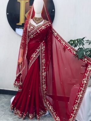 Faux Georgette Saree with Sequins & Thread Embroidery
