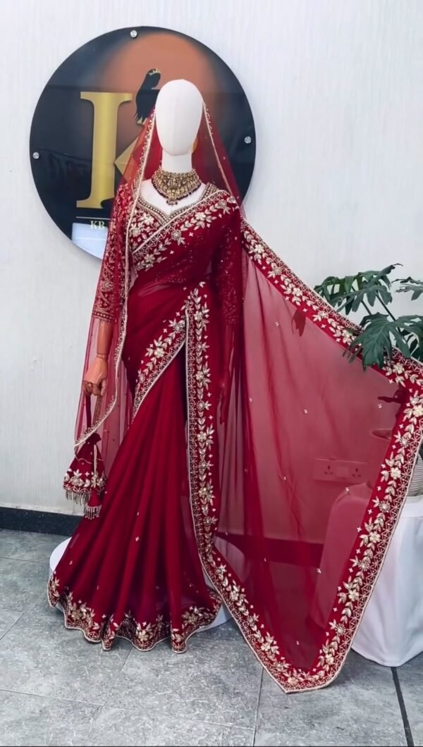 Faux Georgette Saree with Sequins & Thread Embroidery