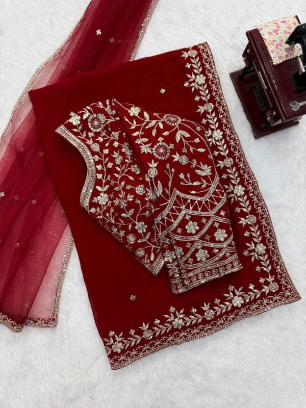 Faux Georgette Saree with Sequins & Thread Embroidery