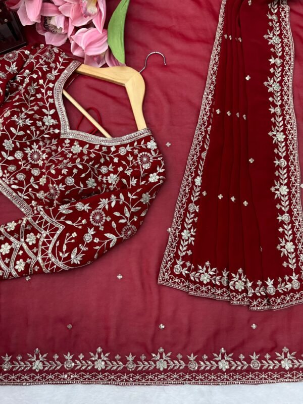 Faux Georgette Saree with Sequins & Thread Embroidery