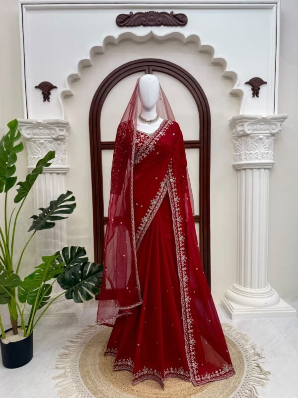Faux Georgette Saree with Sequins & Thread Embroidery
