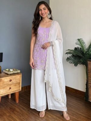 Faux Georgette Kurti with Pant & Dupatta Set for Women