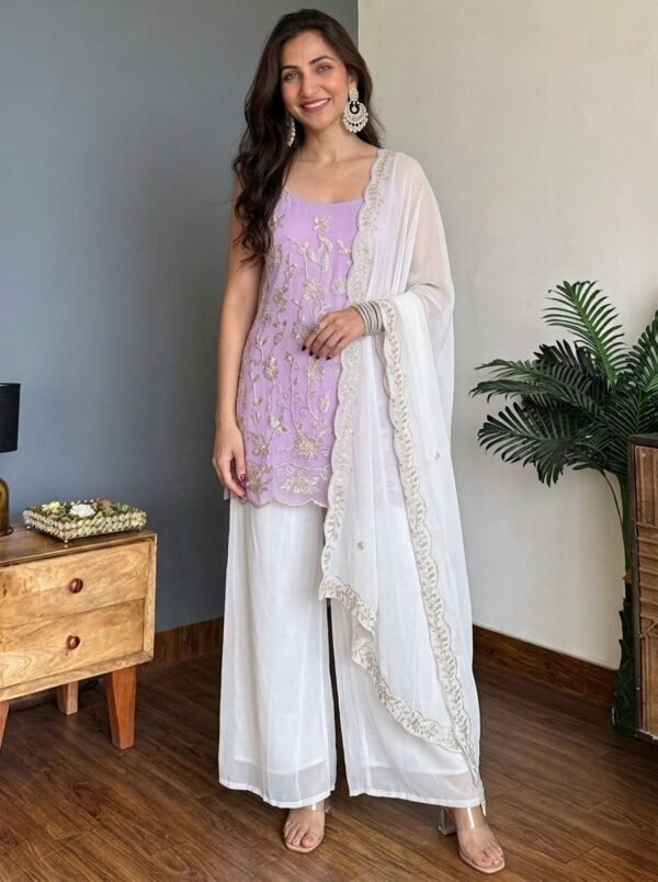 Faux Georgette Kurti with Pant & Dupatta Set for Women