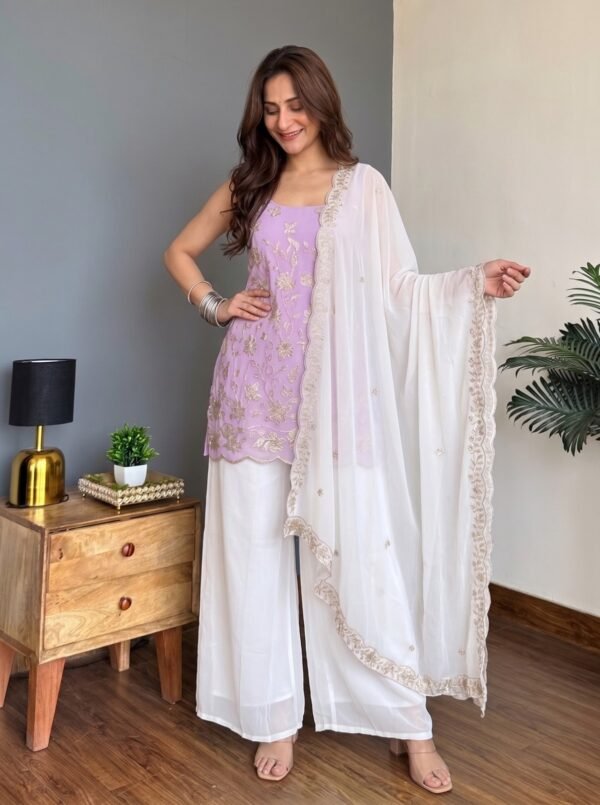 Faux Georgette Kurti with Pant & Dupatta Set for Women