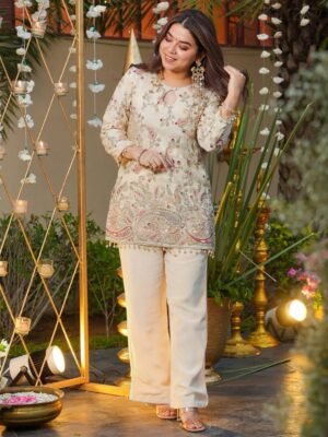 Embroidered Heavy Crepe Silk Kurti with Pant Set