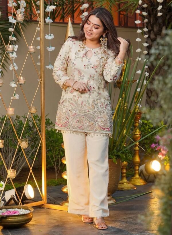 Embroidered Heavy Crepe Silk Kurti with Pant Set