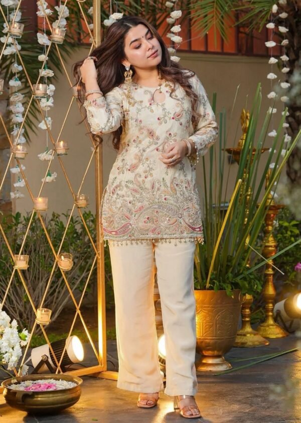 Embroidered Heavy Crepe Silk Kurti with Pant Set
