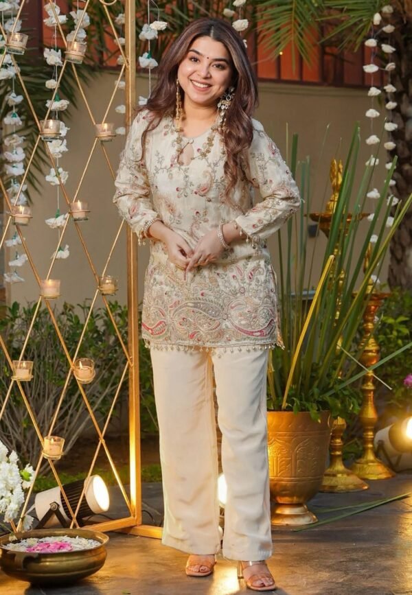 Embroidered Heavy Crepe Silk Kurti with Pant Set
