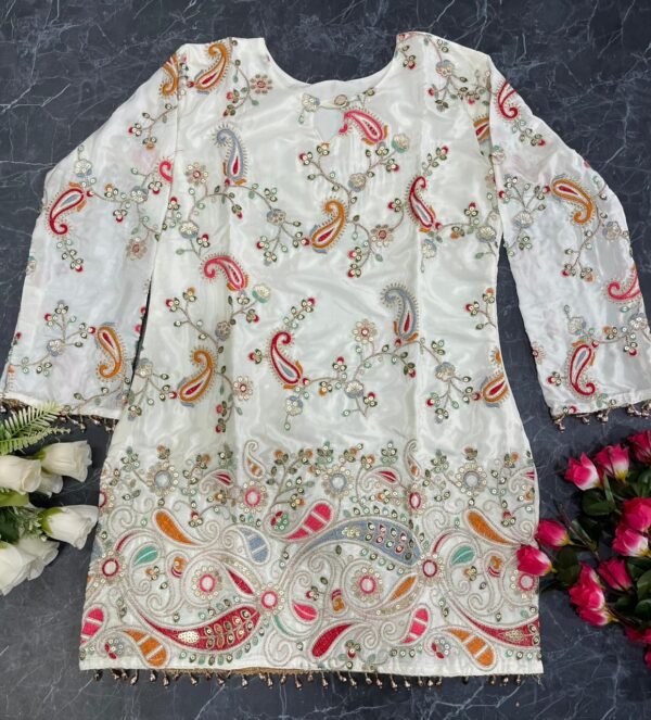 Embroidered Heavy Crepe Silk Kurti with Pant Set