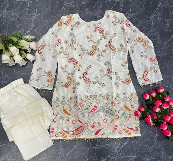 Embroidered Heavy Crepe Silk Kurti with Pant Set