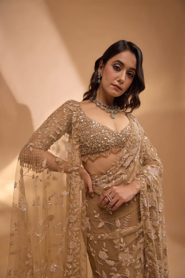 Net Saree with Sequins Embroidery