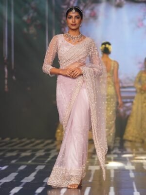 Women’s Pink Soft Net Saree with Sequins Embroidery