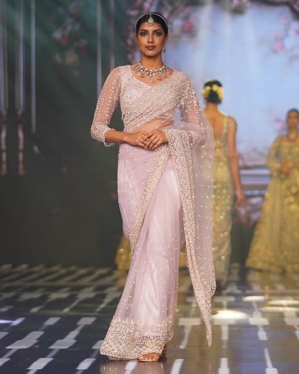 Women’s Pink Soft Net Saree with Sequins Embroidery