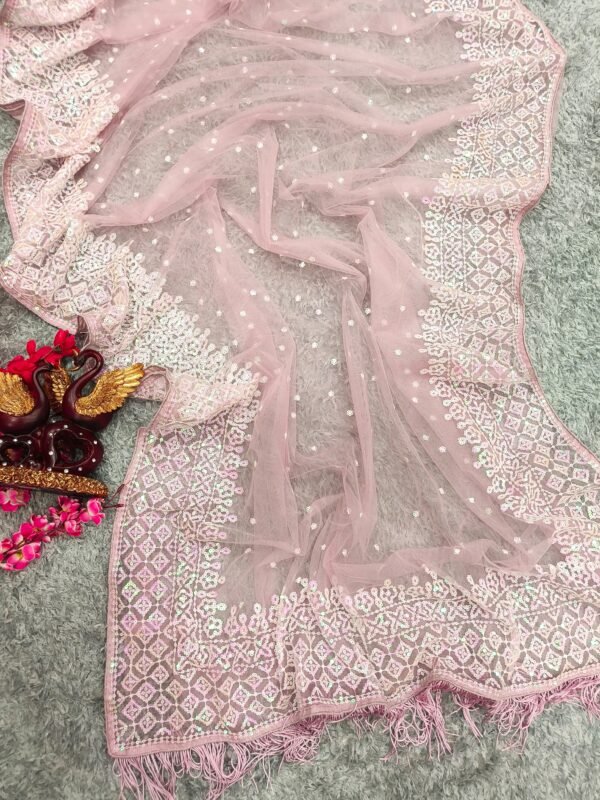 Women’s Pink Soft Net Saree with Sequins Embroidery